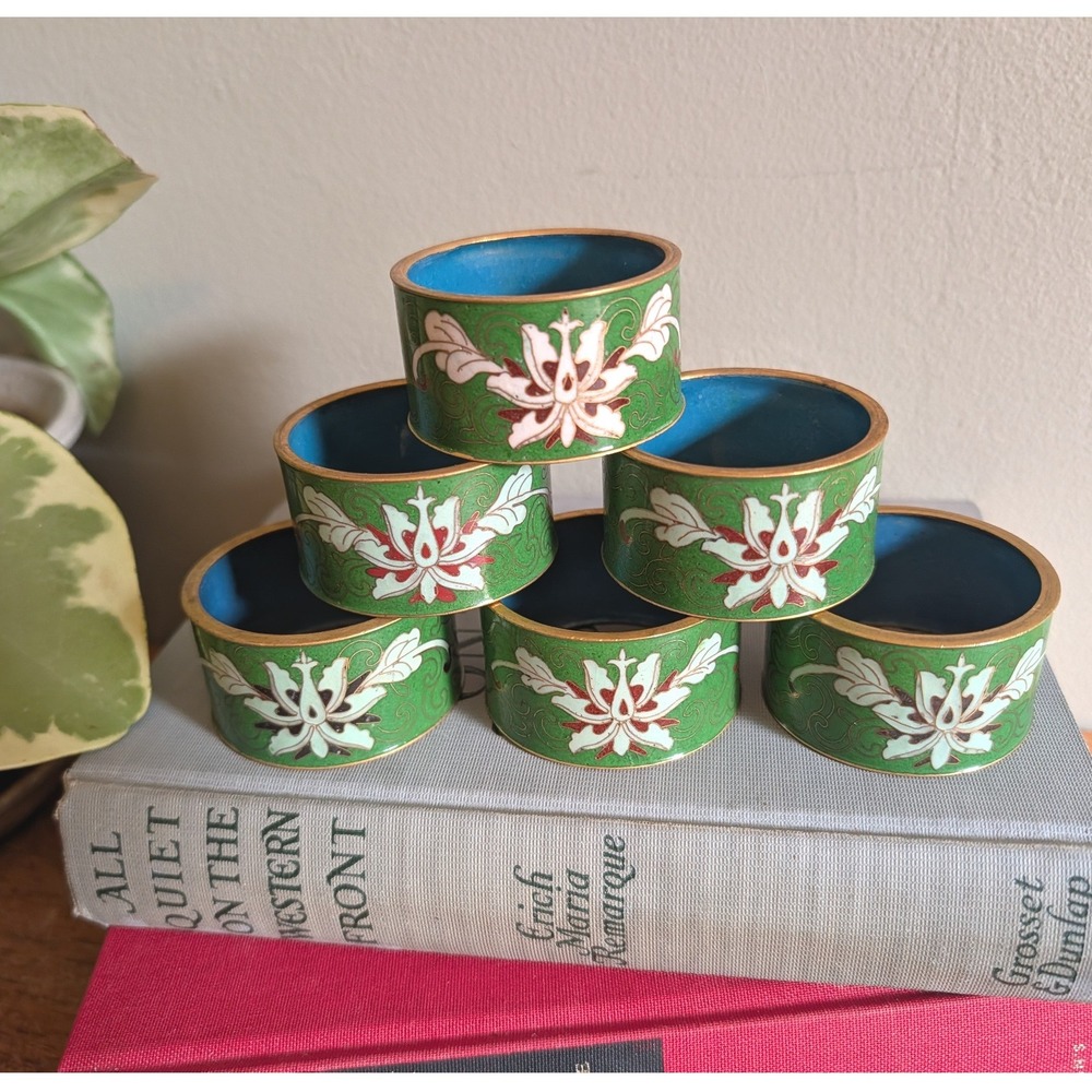 Vintage Cloisonne Enamel Napkin Rings Set of 6 Green Floral Chinoiserie Decor